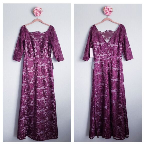 JS Collections Illusion Bateau Neck Embroidered Gown - Picture 2 of 9